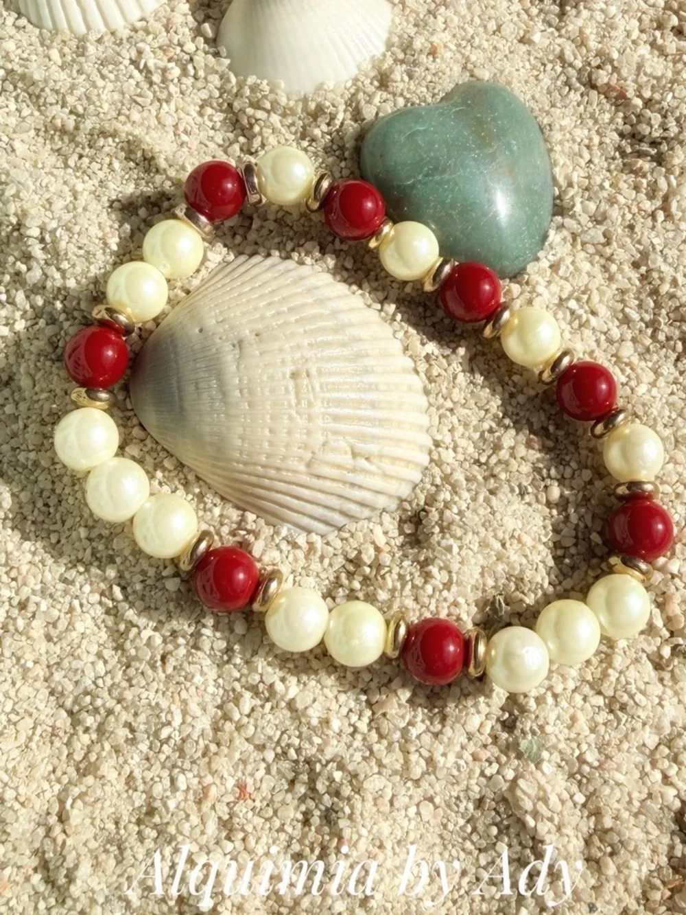 JASPER Red and Cream Beaded Bracelet with Gold Accents